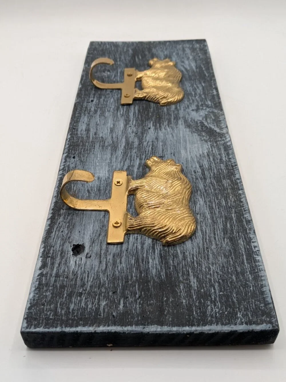 Hand Crafted Hat Key Coat Rack 2 Brass Bear Hooks Wall Mount `Blue 14.5